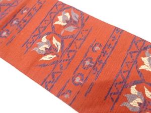 アンティーク　手織り紬　花更紗模様織り出し名古屋帯（着用可）